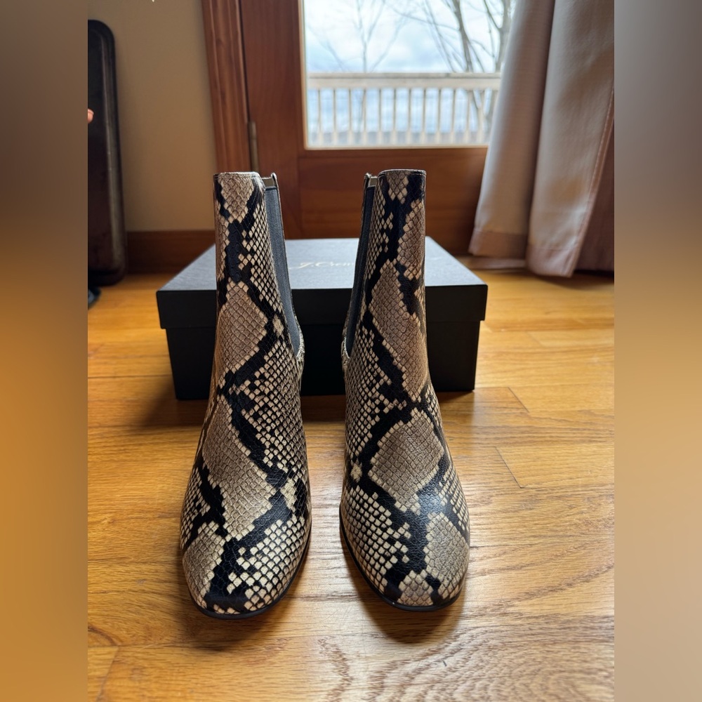 J.Crew Willa Snake-Embossed Leather Stacked-Heel Boots Grey/Black Size 7 NWT